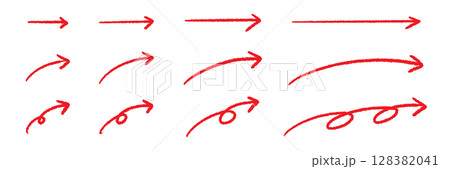 手書き矢印素材 おしゃれなペンの走り書き 各種長さセット 赤 128382041