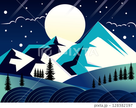 Minimalist Flat Style Vector Illustration Featuring Snowy Mountains, A Big Full Moon, A Starry Night Sky, Black Pine Trees, And An Abstract Sea Line Pattern In The Foreground. 128382197