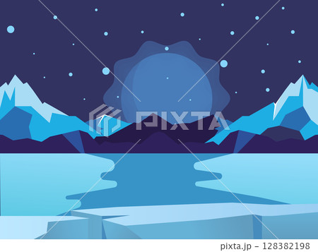 Minimalist Vector Illustration of Frozen Lake With Snowy Mountains At Night. Stars Shine In The Sky, Creating A Calm, Cold, And Winter Nature Scene. Minimalist Vector Illustration of Frozen Lake With Snowy Mountains At Night. Stars Shine In The Sky, Creating A Calm, Cold, And Winter Nature Scene. 128382198