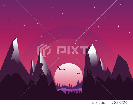 Minimalist Flat Vector Illustration With Purple And Red Color Gradients, Featuring Silhouettes Of Sharp Peaked Mountains, A Large Sunset, A Starry Twilight Sky, And Flying Birds. 128382203
