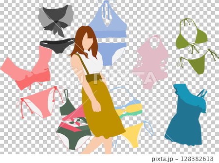 Illustration of a woman thinking about which swimsuit to wear Illustration of a woman thinking about which swimsuit to wear 128382618