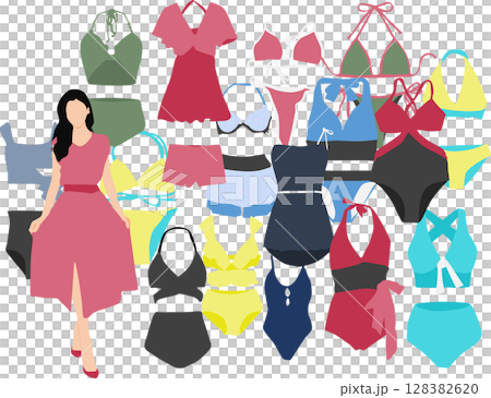 一位女士正在考慮要穿哪件泳衣的插圖 128382620