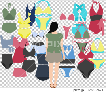 Illustration of a woman thinking about which swimsuit to wear 128382621