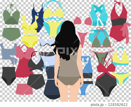 Illustration of a woman thinking about which swimsuit to wear Illustration of a woman thinking about which swimsuit to wear 128382622