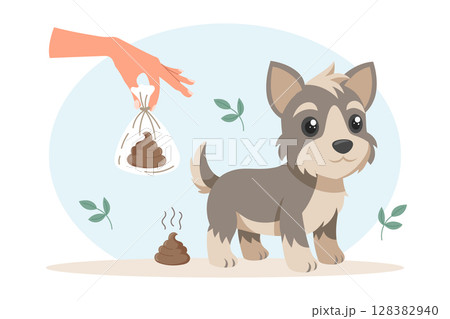 Clean up after your pet. Dog and hygienic bag for dog waste. Pet care, environmental awareness and waste disposal.  128382940