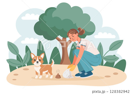 Woman cleaning up after his dog in the park. Clean up after your dog. Dog owner cleaning up dog waste. Illustration. Woman cleaning up after his dog in the park. Clean up after your dog. Dog owner cleaning up dog waste. Illustration. 128382942