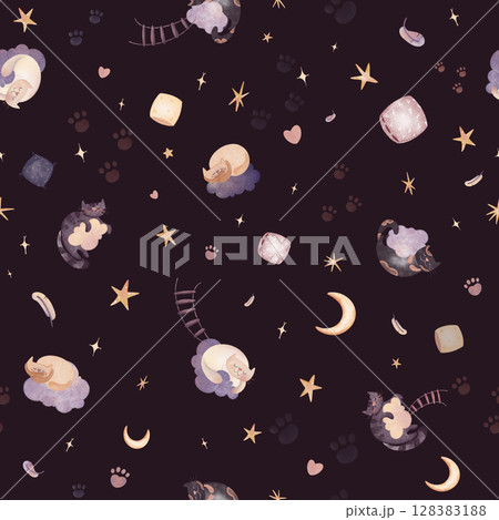 Seamless pattern digital illustration of cute cats sleeping on clouds with stars, pillows, and ladders. Watercolor texture, perfect for children's books, nursery decor, or fabric patterns, for 128383188
