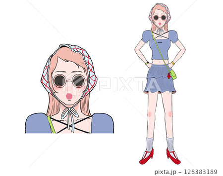 Y2K風ファッションの女性イラスト 128383189