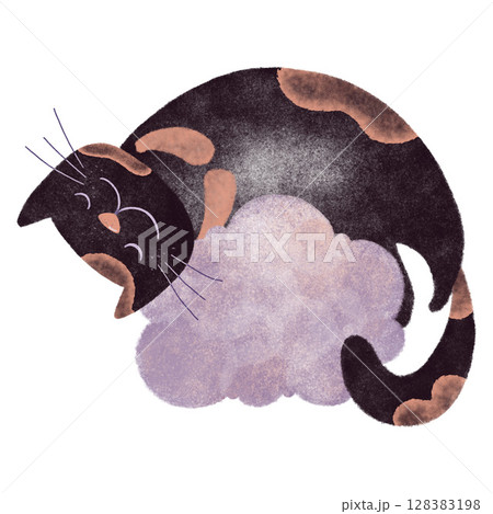 Hand-drawn digital illustration of a cute black cat sleeping on dreamy cloud. Watercolor texture, perfect for children's books, nursery decor, or greeting cards. Raster graphic, ideal for whimsical 128383198