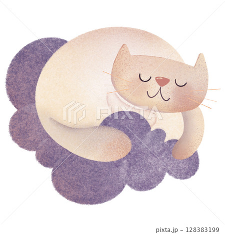 Hand-drawn digital illustration of a cute white cat sleeping on fluffy cloud. Watercolor texture, ideal for children's books, nursery art, or greeting cards. Raster graphic, perfect for whimsical 128383199
