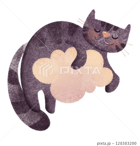 Hand-drawn digital illustration of a cute tabby cat sleeping on soft cloud. Watercolor texture, perfect for children's books, nursery decor, greeting cards, isolated 128383200