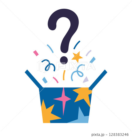 Mystery blind box bursting with confetti and question mark, surprise gifts or unknown rewards. Trendy modern vector illustration isolated on white background, hand drawn, flat Mystery blind box bursting with confetti and question mark, surprise gifts or unknown rewards. Trendy modern vector illustration isolated on white background, hand drawn, flat 128383246