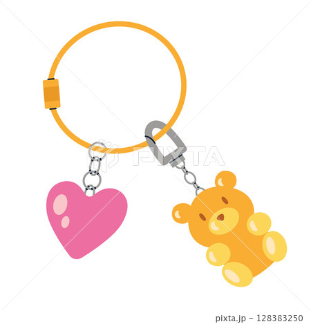 Cute keychain with heart and teddy bear charms, perfect for bags or keys. Trendy modern vector illustration isolated on white background, hand drawn, flat design Cute keychain with heart and teddy bear charms, perfect for bags or keys. Trendy modern vector illustration isolated on white background, hand drawn, flat design 128383250