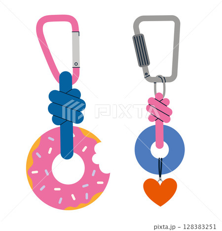 Stylish keychains with donut and heart charms on carabiners, perfect for bags or keys decoration. Trendy modern vector illustration isolated on white background, hand drawn, flat design 128383251