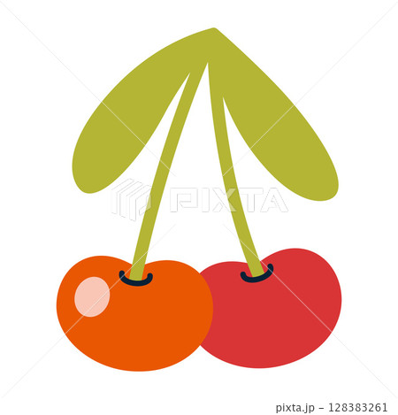 Cute cherries with green leaves. Trendy modern vector illustration isolated on white background, hand drawn, flat design 128383261