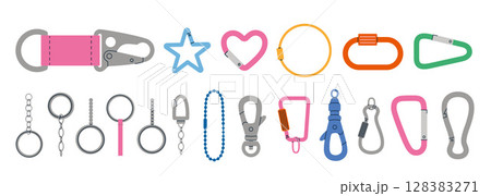 Colorful set of carabiners, chains, clips and charms for keychains and bag accessories. Trendy modern vector illustration isolated on white background, hand drawn, flat design Colorful set of carabiners, chains, clips and charms for keychains and bag accessories. Trendy modern vector illustration isolated on white background, hand drawn, flat design 128383271