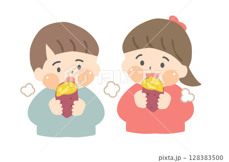 焼き芋を食べる幼い子どもたちのイラスト 128383500