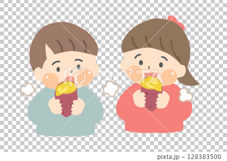 焼き芋を食べる幼い子どもたちのイラスト 128383500