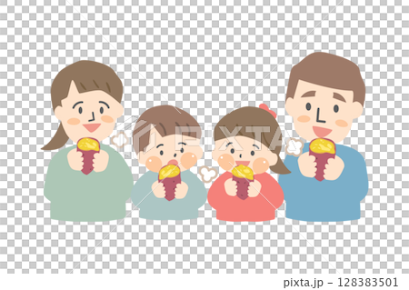 焼き芋を食べる四人家族のイラスト 焼き芋を食べる四人家族のイラスト 128383501