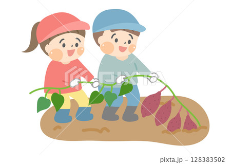 芋掘りをする幼い子どもたちのイラスト 128383502