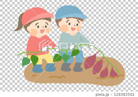 芋掘りをする幼い子どもたちのイラスト 128383502