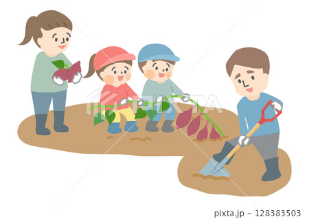 芋掘りをする四人家族のイラスト 芋掘りをする四人家族のイラスト 128383503