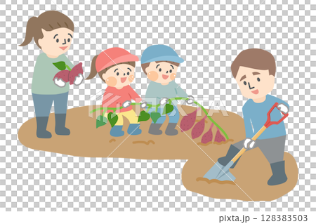 芋掘りをする四人家族のイラスト 芋掘りをする四人家族のイラスト 128383503
