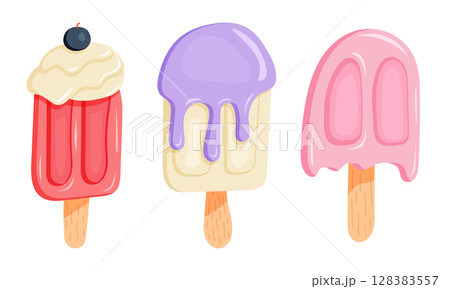 Icecream set with red, purple, and pink frozen treats on sticks Icecream set with red, purple, and pink frozen treats on sticks 128383557