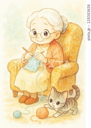 おばあちゃんと猫 128383626