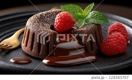 A decadent chocolate lava cake with a molten center, garnished with a fresh raspberry and mint on a slate plate A decadent chocolate lava cake with a molten center, garnished with a fresh raspberry and mint on a slate plate 128383707