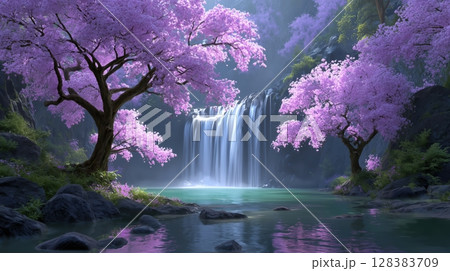 A majestic waterfall surrounded by blooming purple cherry blossom trees in a fantasy landscape 128383709