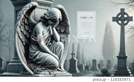 テキストスペース付きの墓地での悲劇的な天使像 128383971