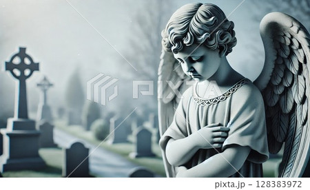 キャプションスペース付きの悲しい天使記念像 128383972