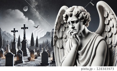 穏やかな背景を持つ悲劇的な天使像 128383973