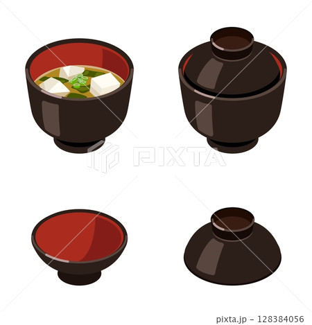 味噌汁椀セット（蓋あり・なし・蓋単体）フラット・アイソメトリック 128384056