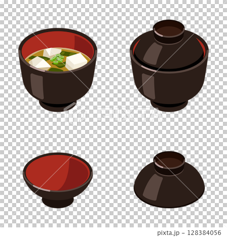 Miso soup bowl set (with or without lid, lid only) Flat / Isometric 128384056