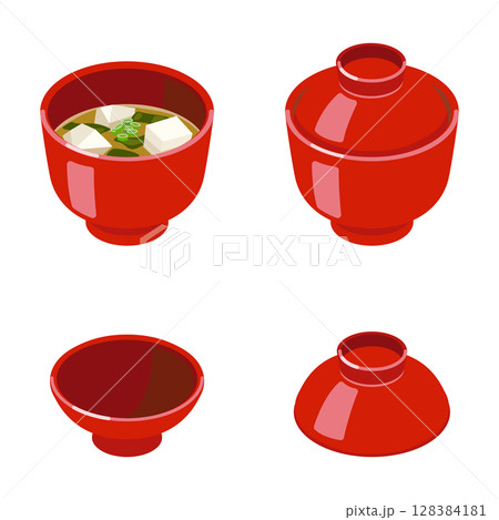 赤い味噌汁椀セット(蓋あり・なし・蓋単体)フラット・アイソメトリック 赤い味噌汁椀セット(蓋あり・なし・蓋単体)フラット・アイソメトリック 128384181