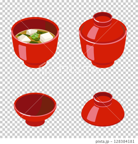 赤い味噌汁椀セット(蓋あり・なし・蓋単体)フラット・アイソメトリック 赤い味噌汁椀セット(蓋あり・なし・蓋単体)フラット・アイソメトリック 128384181