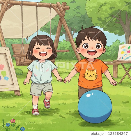 キャンプ場でボール遊びをする子供たちのイラスト 兄弟 男の子 女の子 128384247