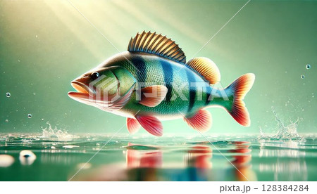 景色の中で優雅に泳ぐ淡水パーチ 景色の中で優雅に泳ぐ淡水パーチ 128384284