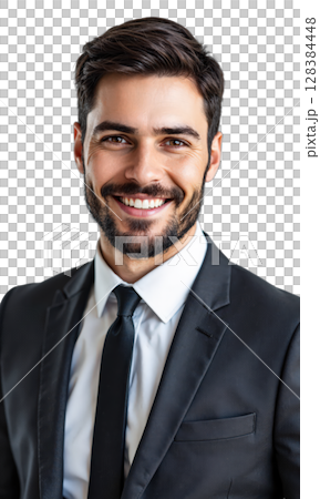 Man Suit Tie. A young Caucasian man with short dark hair and a beard, wearing a dark suit, white shirt Man Suit Tie. A young Caucasian man with short dark hair and a beard, wearing a dark suit, white shirt 128384448