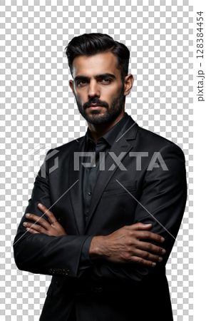 A Middle Eastern male entrepreneur in matte black, arms folded, with glowing projections of technological advancement and wealth, symbolizing his 128384454