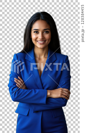A South Asian female CEO in bright sapphire blue, arms crossed, with a soft aura of light representing her leadership 128384455