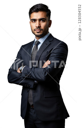A South Asian man in business attire, his posture upright and determined, representing leadership, strength, and the ability to navigate 128384552