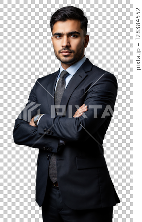 A South Asian man in business attire, his posture upright and determined, representing leadership, strength, and the ability to navigate 128384552
