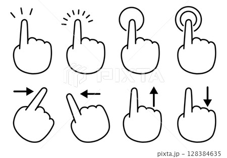 スマートフォンの画面を操作する1本指を描いたシンプルな線画ベクターイラスト 128384635