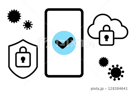 スマートフォンのセキュリティに関するアイコンを描いたシンプルな線画ベクターイラスト 128384641