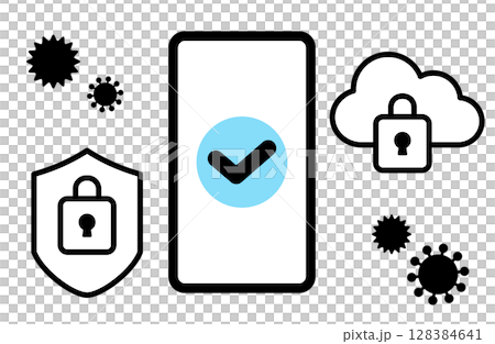 スマートフォンのセキュリティに関するアイコンを描いたシンプルな線画ベクターイラスト 128384641