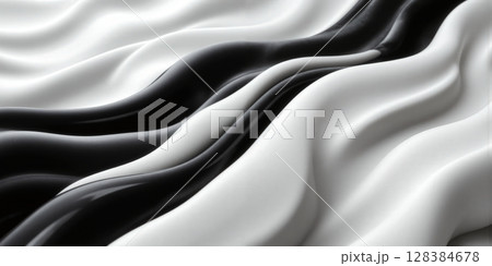 Black and White High-Contrast Wave Flow - A striking monochrome composition with smooth, undulating waves of black and white. 128384678