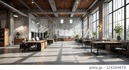 Industrial loft-style office with concrete floors, reclaimed wood desks, and exposed steel beams. Overhead pendant lights and task lighting over 128384679